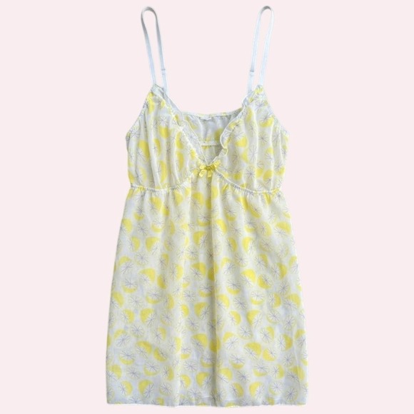 Source Unknown Tops - Lemon Print Sheer Babydoll Camisole Top Yellow White Ruffle Bow MEDIUM